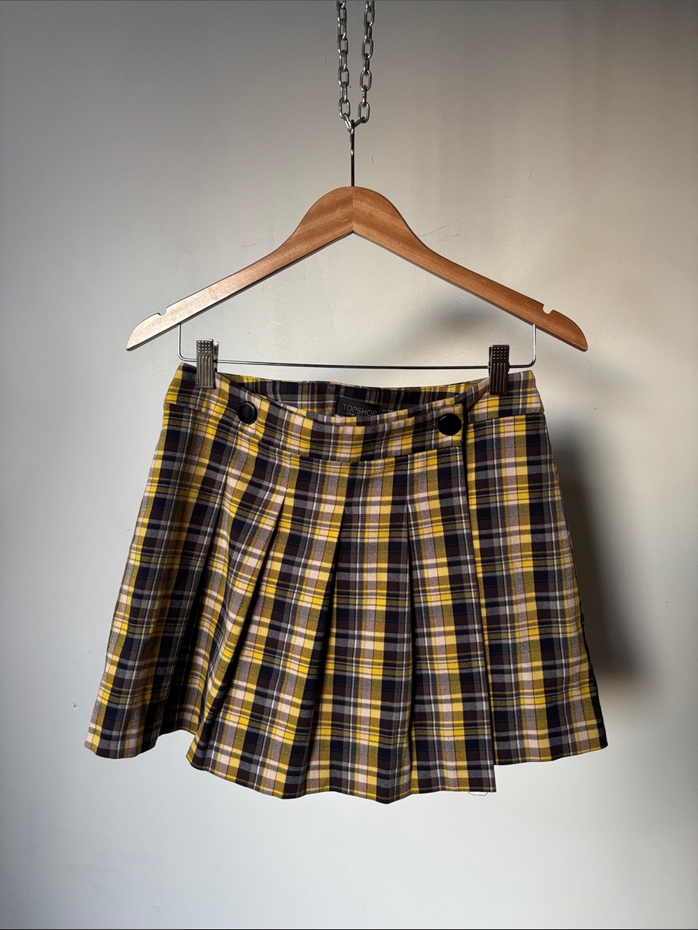 90’s Topshop Clueless Yellow and Black Plaid Pleated Skirt Size 8